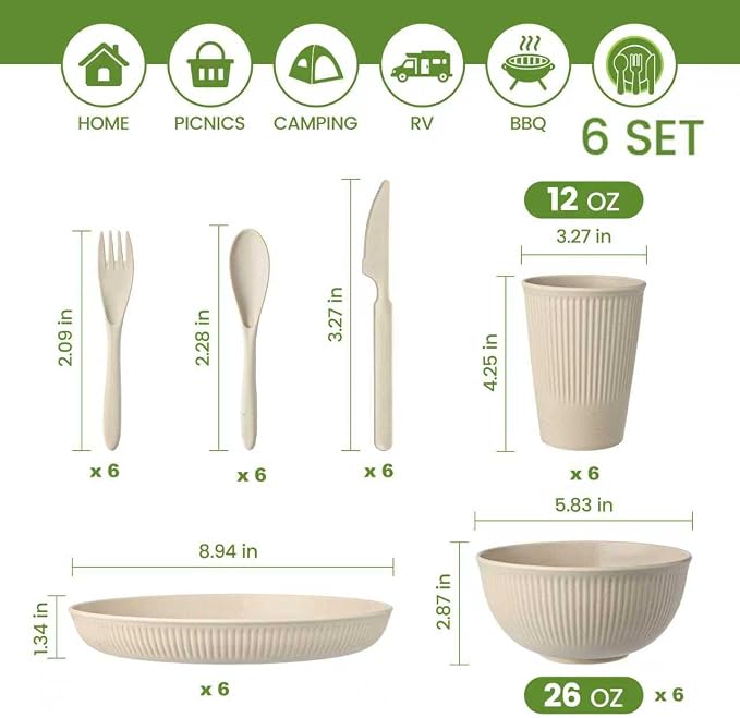 36-Piece Reusable Wheat Straw Dinnerware Sets for 6, Farielyn-X Unbreakable Reusable Set Kitchen Cups, Plates, Bowls Sets & Cultery Dishwasher Microwave Safe - Patio, Outdoors, RV, Camping Dishes