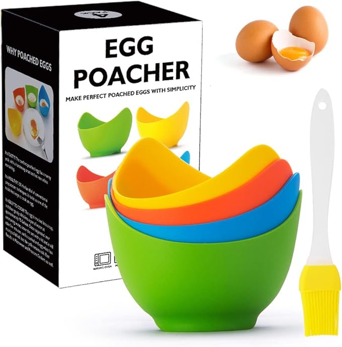 YomiFamily 4 Pack Silicone Egg Poacher Cups with Oil Brush, Gift Box | Nonstick Egg Poaching Cups, BPA Free, Ring Standers, Dishwasher Safe, for Stovetop, Microwave, Air Fryer, Baking oven