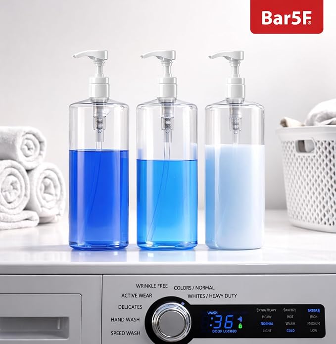 Bar5F Pump Bottle 2-Pack 32-Ounce 1-Liter Empty | For Shampoo Conditioner Body Wash Lotion, BPA-Free, Crystal-Clear