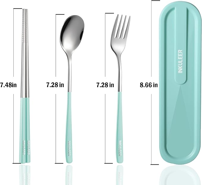 iNKULEER Travel cutlery set, 18/8 stainless steel cutlery, Reusable utensils set with case, Portable Silverware Lunch Box for Camping and Office (Blue)