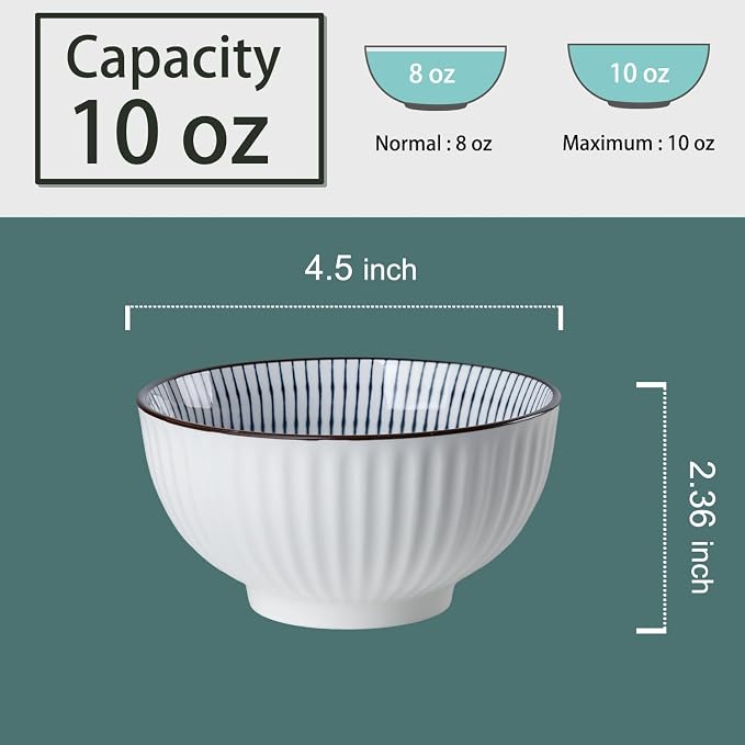 10 oz Small Ceramic Bowls Set of 6, 4.5 Inch Japanese Blue and White Bowls for Ice Cream, Rice, Dessert, Snack, Dipping, Microwave and Dishwasher Safe - Mixing Pattern