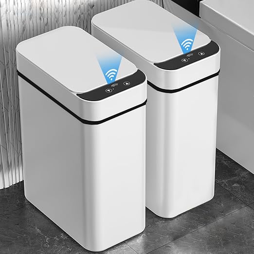 2 PACK - Slim Touchless Bathroom Trash Can - Smart Trash Can Motion Sensor | 2.5 Gallon Skinny Trash Bin with Lid - Electric, Narrow, Plastic, Auto Open - Small Automatic Garbage Can ( White )