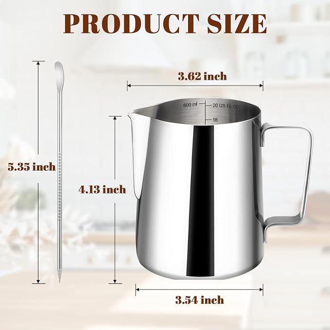 Amrules Milk Frothing Pitcher 20oz Frother Cup Barista Tools, Silver | 18/8 Stainless Steel, 20oz Capacity with Clear Scale, with Decorating Pen, Ergonomic Handle, for Cappuccino, Latte & Espresso