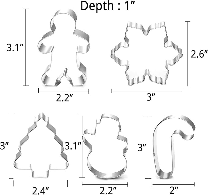 Christmas Cookie Cutter Set - 5 Piece Holiday Cookies Molds - Snowman, Christmas Tree, Gingerbread Man, Candy Cane, Snowflake