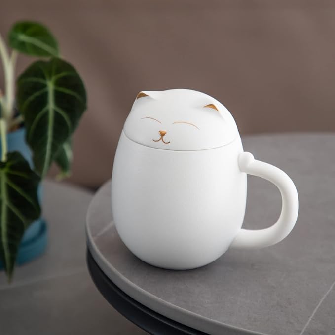HEER Cat Ceramic Tea Mug 13.5oz with Infuser and Lid, White | Cat Lover & Cat Mom Birthday Gift for Women, Perfect for Loose Leaf Tea, Tea Strainer Cup for Home & Office Use