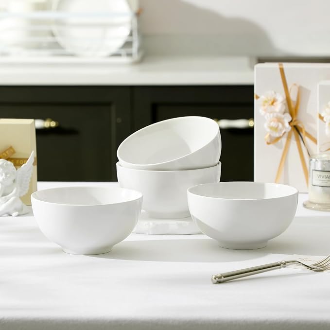 MALACASA 26 Oz White Ceramic Soup Bowls of 4, Cereal Bowls for Kitchen | Perfect for soup, cereal, dinner, noodles,ramen or fruit; scratch-resistant, stackable, microwave, oven & dishwasher safe