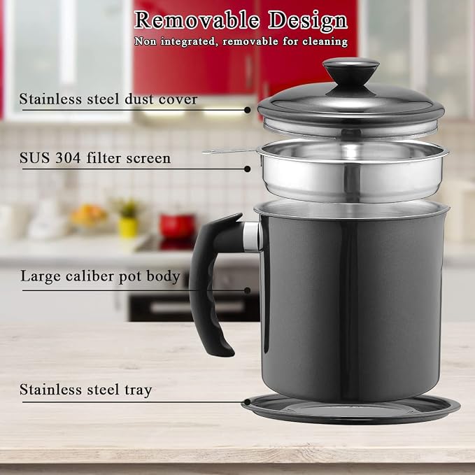 Kyraton Black Bacon Grease Container With Strainer, 48 oz Black Coating Stainless Steel Oil Container, Pot Fat Storage With Lid, Easy Grip Handle Suitable For Storing Frying Oil And Cooking Grease