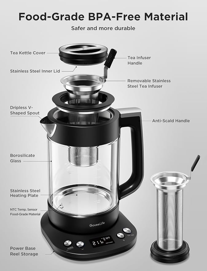GoveeLife Smart Electric Kettle with Tea Infuser for Loose Leaf, 1.7 L Electric Tea Kettle with Brewing Program, Variable Temperature Control, 2 H Keep Warm & Auto Shut-Off, BPA Free. Black | Electric Tea Kettle with Brewing Program, Variable Temperatu...
