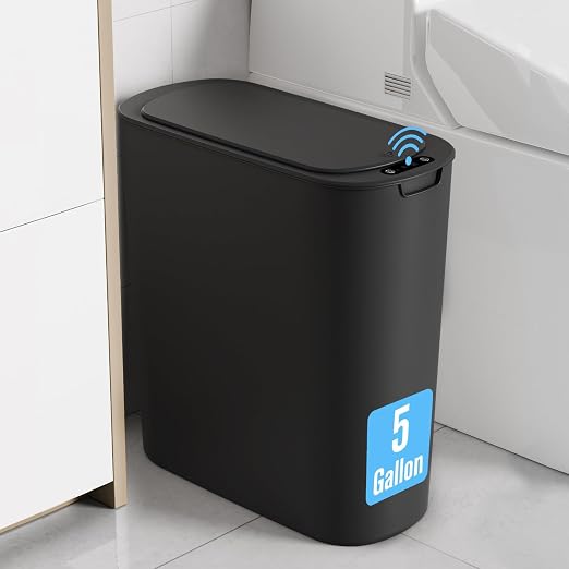 Cesun 5 Gallon Automatic Bathroom Trash Can with Lid, Black, Touchless | Motion Sensor, Slim, Small Smart Garbage Bin, Plastic, Battery Operated, Manual Button, for Office/RV/Bedroom/Living Room
