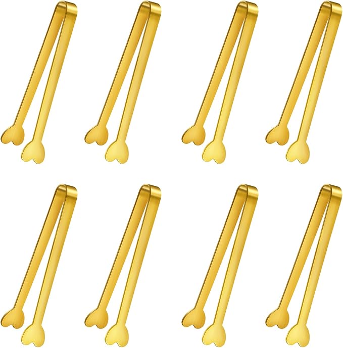 8 PCS Gold Mini Serving Tongs, 4.88 Inch Small Metal Kitchen Charcuterie Tongs, Stainless Steel Sugar Cube Ice Tong for Coffee Bar, Tea Party, Desserts Party, Ice Bucket and Sugar