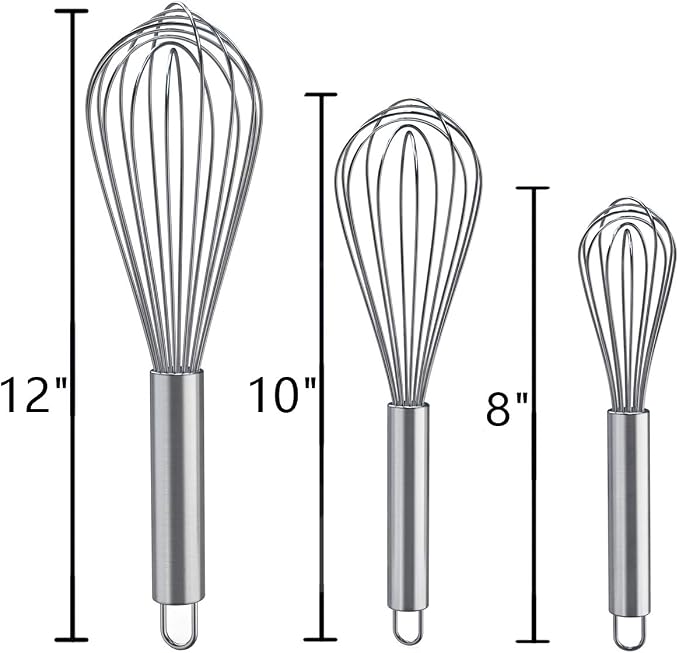 Whisks for Cooking, 3 Pack Stainless Steel Whisk for Blending, Whisking, Beating and Stirring, Enhanced Version Balloon Wire Whisk Set, 8"+10"+12"