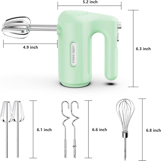 Lord Eagle 5-Speed Small Hand Mixer Electric, 300W Compact Portable, Green | Handheld Kitchen Mixer Egg Beater with 5 Attachments & Storage Bag, Cake Supplies for Bread Dough Baking, Lightweight