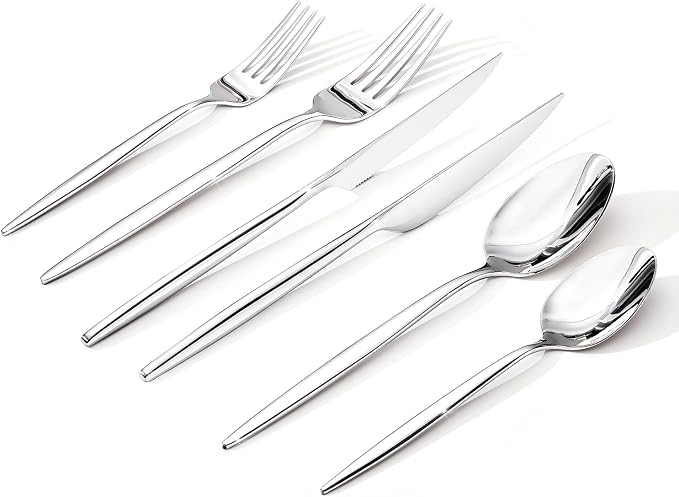 48 Piece Silverware Set for 8 with Steak Knives, 18/10 Stainless Steel | KINGSTONE Flatware set, Mirror Polished Fork Knives Spoon Utensils,Cutlery set for Home Restaurant Wedding, Dishwasher Safe