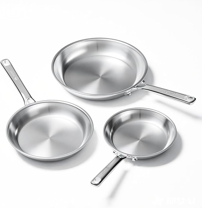COOKER KING Stainless Steel Frying Pan Set (8+10+12 Inch), Cooking Pan Set | Induction Skillets Set, Non-Toxic, Fast & Even Heating, Oven & Dishwasher Safe, Metal Utensil Safe, Stay-Cool Handles