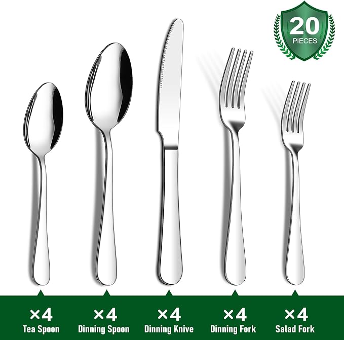 ENLOY 20 Piece Silverware Flatware Set, Stainless Steel Cutlery Set for 4 | Kitchen Utensil Set Service for 4, Include Heavy Duty Knife Fork Spoon, Mirror Polished for Home, Kitchen, Dishwasher Safe