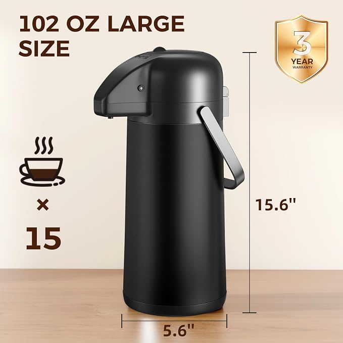 Coffee Carafe for Keeping Hot, 102OZ / 3L Airpot Coffee Dispenser with Pump | Large Thermal Coffee Urn for Hot Drinks Tea Liquid, Insulated Stainless Steel Hot Water Beverage Dispenser for Parties, Black