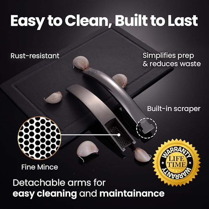 Gourmet Easy Lifetime Replacement Garlic Press, No Need to Peel, Fine Mince | Detachable Design for Easy Cleaning, Ergonomic Handle for Effortless Press, Stainless Steel Rust-Resistant, Dishwasher Safe