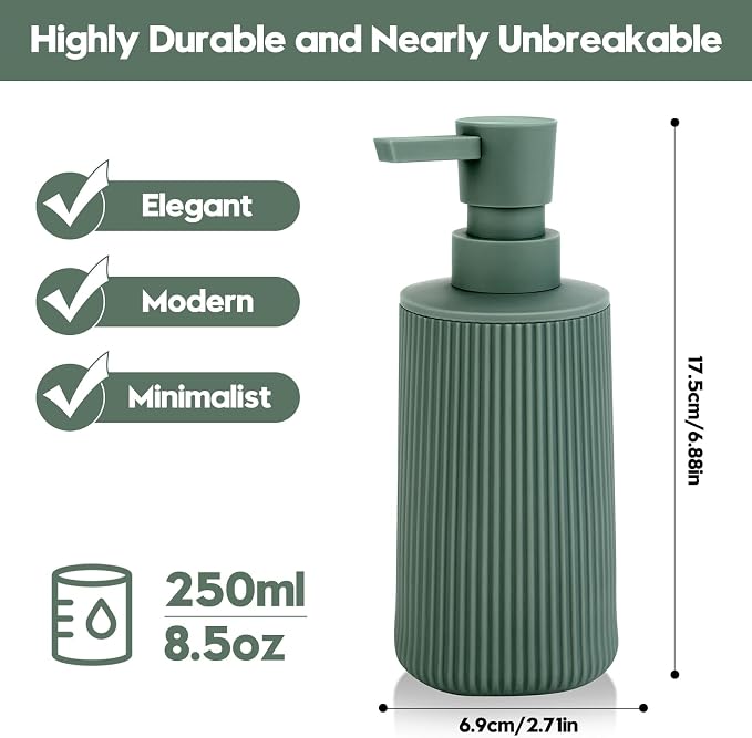 YAUKPH Small Soap Dispenser for Bathroom and Kitchen Matte Green | Modern Farmhouse Striped Style Plastic Hand Soap Dish Soap Dispenser with Pump