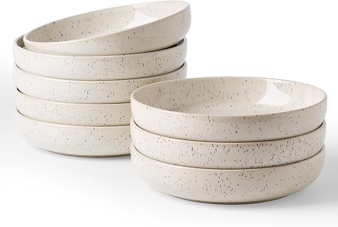 famiware Milkyway 33 oz Pasta Bowls Set of 8, Creamy White | Double Reactive Glaze, Scratch-Resistant Stoneware Salad Bowls, Stackable, Dishwasher & Microwave Safe, Lead-Free
