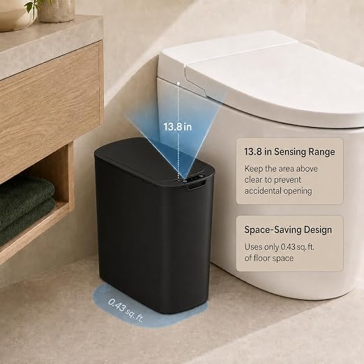 TIPGO Automatic Small Bathroom Trash Can with Lid, 2.6 Gallon, Black | Motion Sensor, Plastic, Touchless, Odor Control, Smart Garbage Can, Battery Operated, Manual Button, for Bedroom, Office,RV