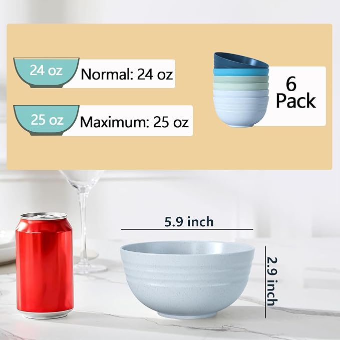 Homestockplus Unbreakable Cereal Bowls 25 OZ Microwave and Dishwasher Safe BPA-Free Eco-Friendly Wheat Straw Bowl Assorted Color Dessert Bowls for Serving Soup, Oatmeal, Pasta and Salad [Set of 6]