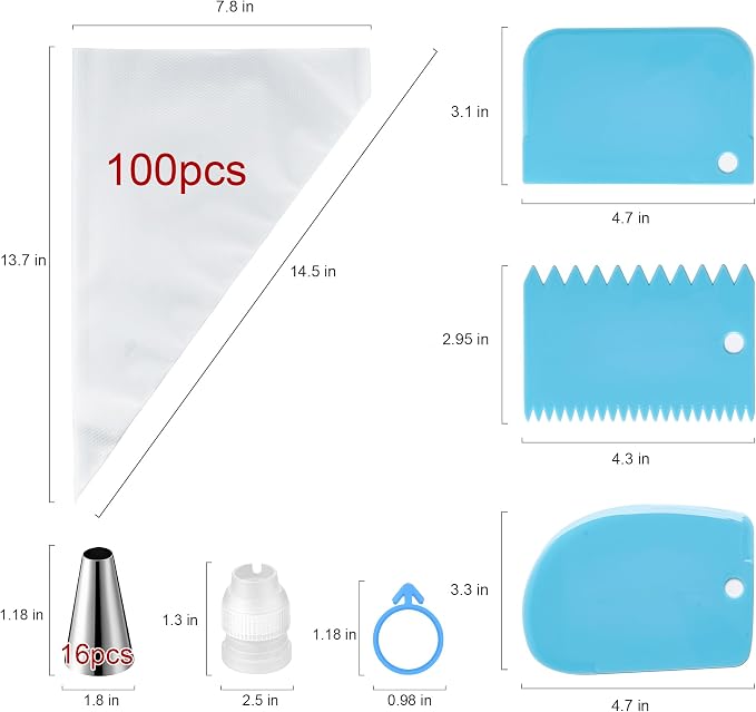 Piping Bags and Tips Set, 100PCS 12 Inch Pastry Bags, Icing Bags Disposable | Cakes Decorating Supplies Kit, Simple Baking Supplies Set with 16 Piping Tips, 3 Cake Scraper, 2 Couplers, 2 Bag Ties