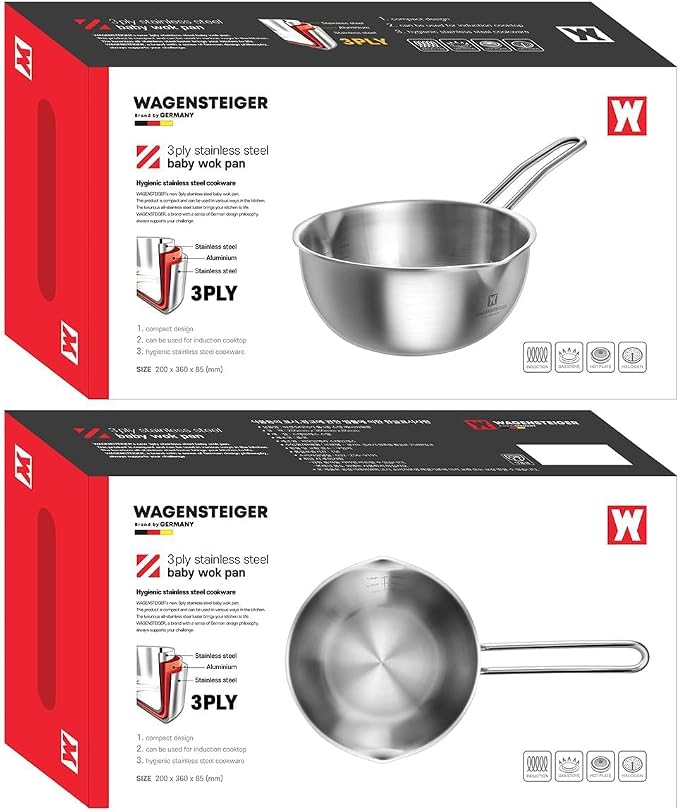 WAGENSTEIGER Mini Wok 200mm Stainless Steel, 3-Ply Aluminum Core Base, Induction Compatible Small Wok Pan, Ramen Pot for Camping & Outdoor Cooking