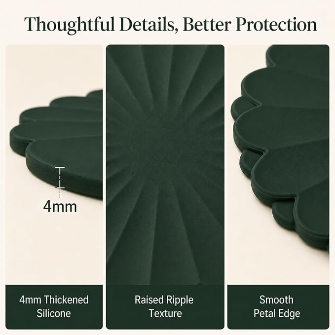 Heat-Resistant Silicone Trivet Mats, Non-Slip Hot Plate Holder for Kitchen Countertops & Dining Table, Reusable Pot Holder Pad with Secure Grip, Dishwasher Safe (Green, Diameter: 18cm/7.09")