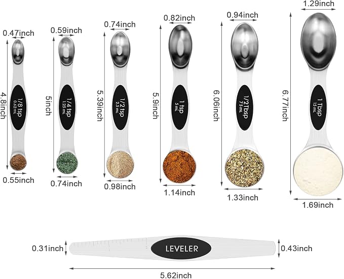 Aovchei 7 PCS Black Magnetic Measuring Spoons Set | Dual Sided, Stainless Steel Small Tablespoon, Teaspoons, Fits in Spice Jars, for Dry and Liquid