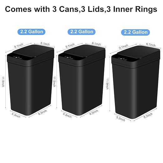 Anborry Bathroom Automatic Trash Can 3 Pack 2.2 Gallon Motion Sensor Touchless Small Slim Garbage Can with Lid Smart Electric Narrow Garbage Bin for Bedroom Living Room Office Kitchen (Black)