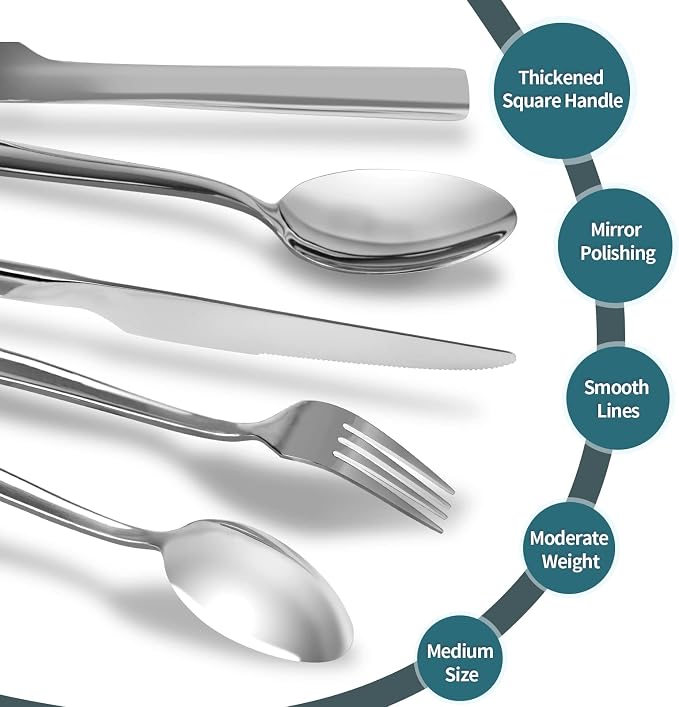 Silverware Set for 8, 40 Pieces Flatware Cutlery Set Stainless Steel | Luxury Steak Knife Fork and Spoon Set, Square Handles, Mirror Polished, Dishwasher Safe, for Home Kitchen Restaurant Weddings