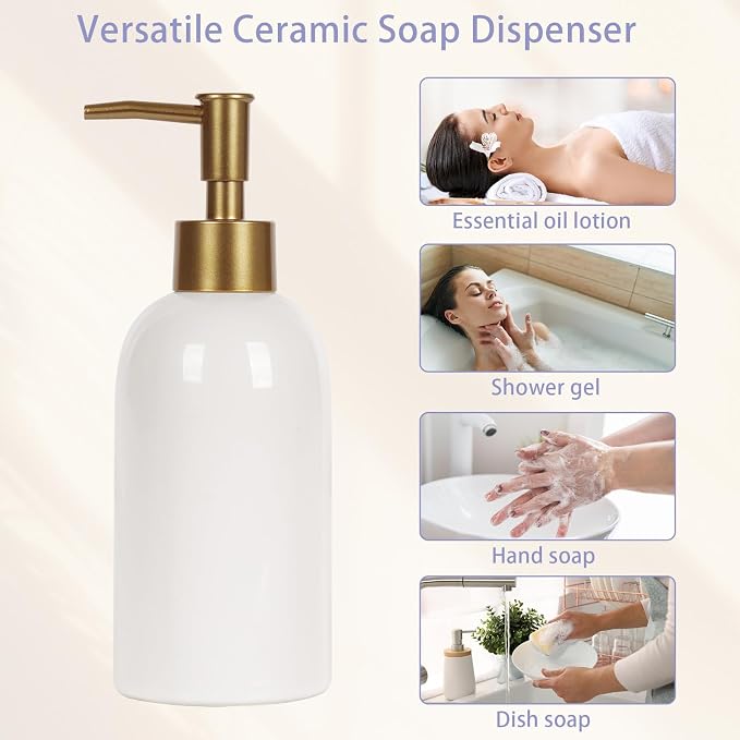 Natheeph 14OZ Ceramic Soap Dispenser Bathroom/Kitchen Can Fill Liquid-White | Ceramic Soap Pump Dispenser Bottle for Bathroom/Kitchen, Refillable Hand Soap, Dish Soap, Shampoo, Lotion etc.