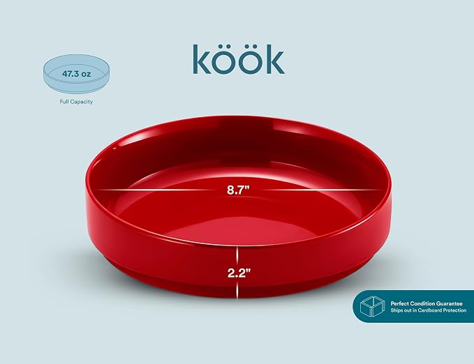 KooK Ceramic Large Pasta Bowls, Microwave and Dishwasher Safe, Great for Soups and Salads, Shallow Serving Bowls, Glossy Porcelain, 47 oz, Set of 4, Cherry Red
