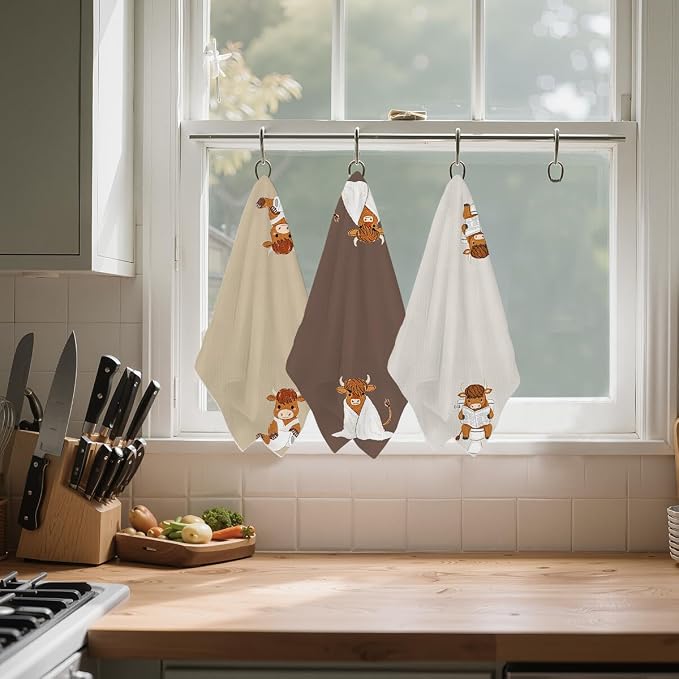 3 Pcs Funny Highland Cow Hand Towels, Cow Farmhouse Decorative Dish Towels | Waffle Dish Towels for Bathroom Kitchen Decor Country Farm Highland Holiday Housewarming Gifts