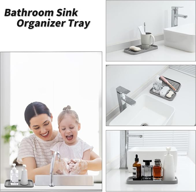 MicoYang Silicone Kitchen Sink Organizer Tray for Multiple Usage,Eco-Friendly Sponges Holder for Kitchen Bathroom Counter or Sink,Dish Soap Dispenser,Scrubber,Bottle,Cup (Grey, 10"×5.3")