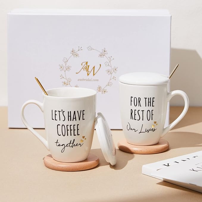 AW BRIDAL Ceramic Engagement Gifts For Couples Coffee Mugs Set Of 2, 12 Oz | Unique Newly Engaged Bachelorette Bridal Shower Gift for Bride, Anniversary Wedding Gifts for Couple Housewarming Gift Ideas