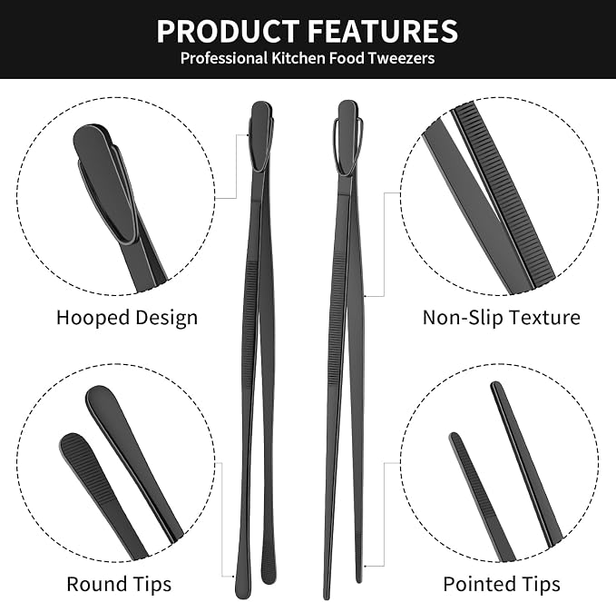 DEHOV 12 Inch Stainless Steel Black Cooking Tongs Set of 2, Metal Chef Food Tweezers For Cooking, Long Metal BBQ Tongs For Pasta, Black Pickle Grabber