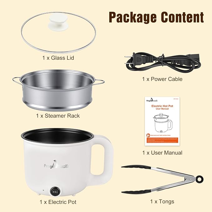 Electric Hot Pot with Steamer, 1.8L Mini Portable Hot Pot with 300W&600W Dual Power for Egg Ramen Oatmeal Soup Noodles, Overheat Protection for College Dorm Room Essential