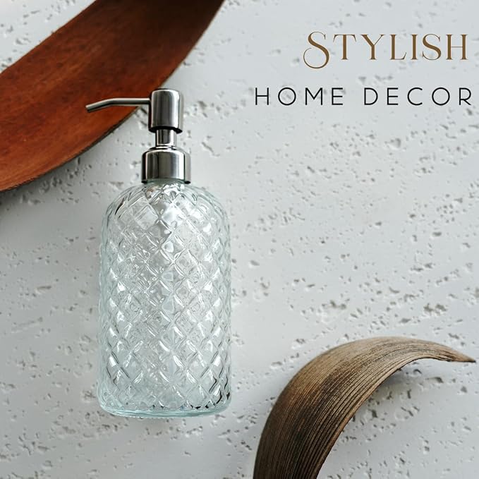 JASAI 18Oz Gem Patterned Clear Glass Soap Dispenser with Rust Proof Pump | Refillable Hand soap Dispenser for Kitchen, Premium Bathroom Soap Dispenser for Dish Soap, Hand soap, Lotion(Clear)