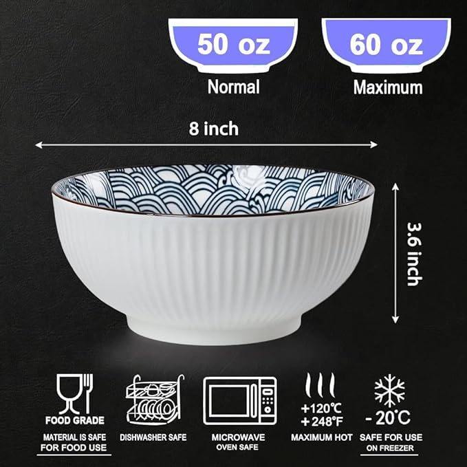 Houlu 60 oz Pho Bowls, Large Soup Bowl, Japanese Ramen Bowl Set, 8 inches Big Porcelain Bowls Set of 3, Wave Pattern