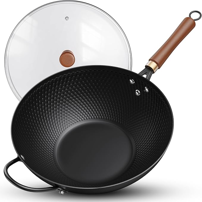 Todlabe Wok with Lid, 13 Inch Carbon Steel Woks & Stir-fry Pans Nonstick | Pre-Seasoned 5.6QT Flat Bottom Chinese Wok Pan with Lid, PFOA/PTFE free Cookware Compatible with All Cooktops