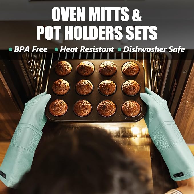 RORECAY 2-Pack Silicone Pot Holders for Kitchen, Hotpad with Pocket, Mint | Heat Resistant up to 500°F, Quilted Cotton Potholders, Non-Slip & Waterproof Trivets for Hot Pots, Pans, and Countertops