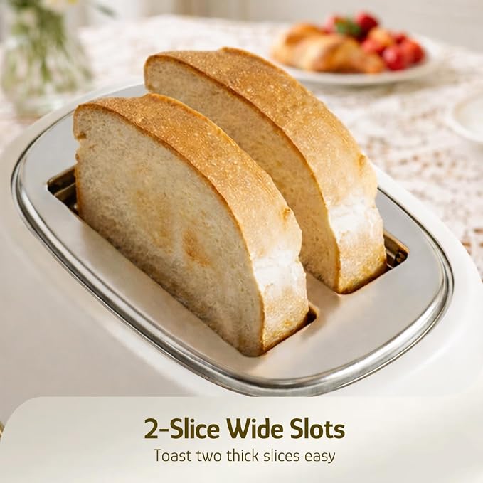 Hazel Quinn 2-Slice Retro Toaster 6 Browning Levels 3 Functions Pearl White | Defrost/Reheat/Cancel, Removable Crumb Tray for Easy to Clean, 1.5 Inches Extra Wide Slots, for Toast, Bagels Daily Breakfast
