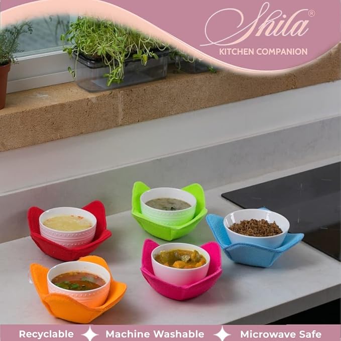 Bowl Snuggies, Multicolor Set of 5 Microwave-Safe Hot Bowl Holders to Keep Your Hands Cool and Your Food Warm, Polyester & Sponge Heat Resistant Dish Pads for Soup, Rice and Pasta