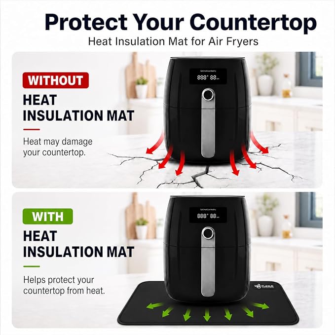 FLASLD 2Pack Heat Resistant Mat for Air Fryer Site on,12"X18" Fireproof Silicone Mats for Kitchen Counter, Countertop Protector, No-slip and Waterproof Black