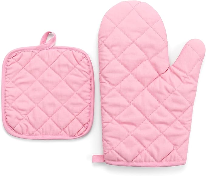 Oven Mitts and Pot Holders Sets, 2 Pcs Heat Resistant 500 °F, Extra Thicken Long Kitchen Cotton Oven Mitt Pot Holder for Cooking Baking Grilling (Pink)