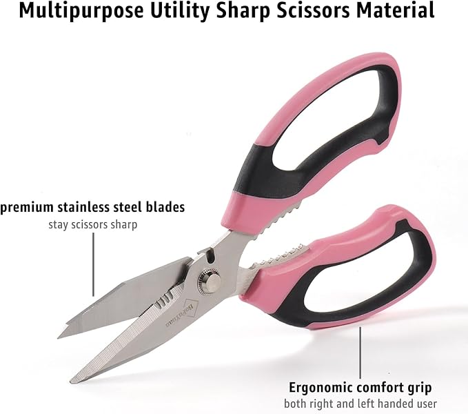 BoFuYuan Utility Scissors All Purpose heavy duty 8-Inch Pink | Comfort Grip, Sharp Serrated Blades Cutting Carpet Cardboard Wire Fabric, Multipurpose Shears for Kitchen Garden Office Craft