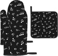 Music Notes Oven Mitts and Pot Holders Sets of 3 Black Hot Pads Musicial Oven Gloves Heat Resistant Non Slip Washable for Kitchen Cooking Grilling Baking