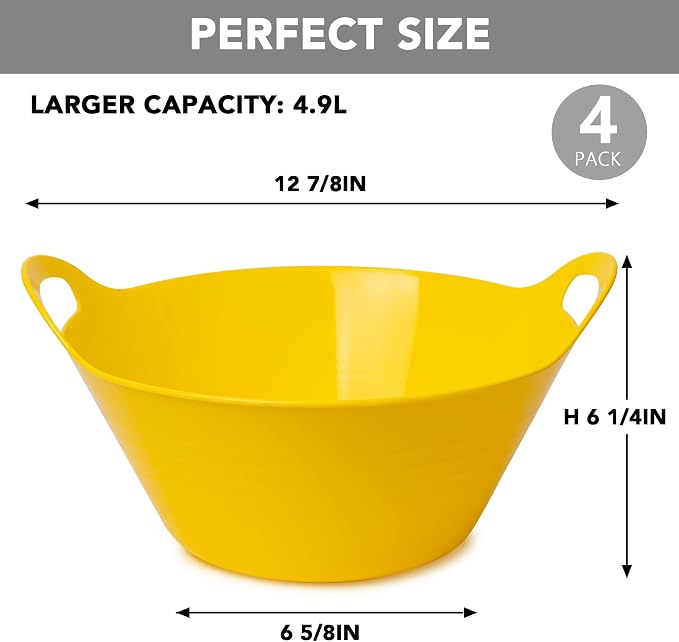 Tiawudi 4 Pack Snack Bowls (4.9L Large), Plastic Serving Bowls for Party, Large Bowls with Handles for Kitchen, Fruit, Cereal, Candy, Salad and Chip, Microwave Safe