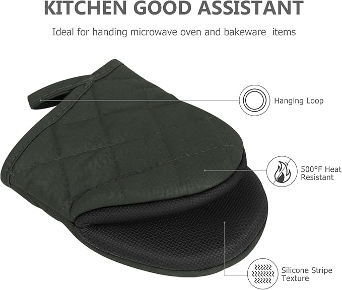 Goldmeet Mini Oven Mitts 2-Pack, 7"x5.5", 500°F Silicone Grip, Gray | Non-Slip, Heat Resistant, Machine Washable, Hanging Loop, Fits Small Hands, for Baking Grilling BBQ Cooking